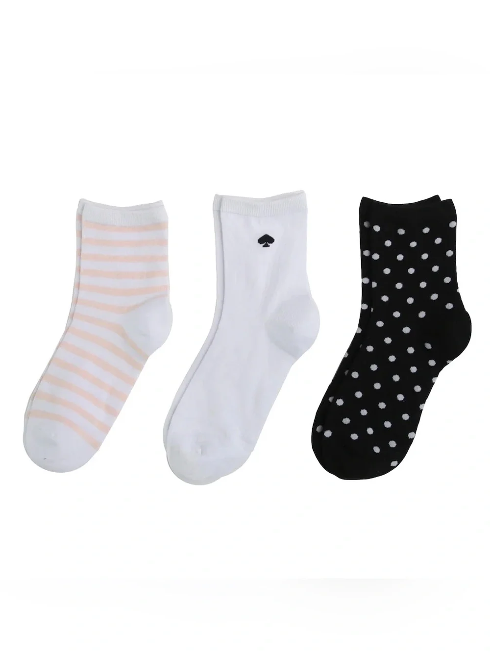 Kate Spade 3-Pair Shortie Crew Socks Blush Stripe, Black White Dot, White Spade